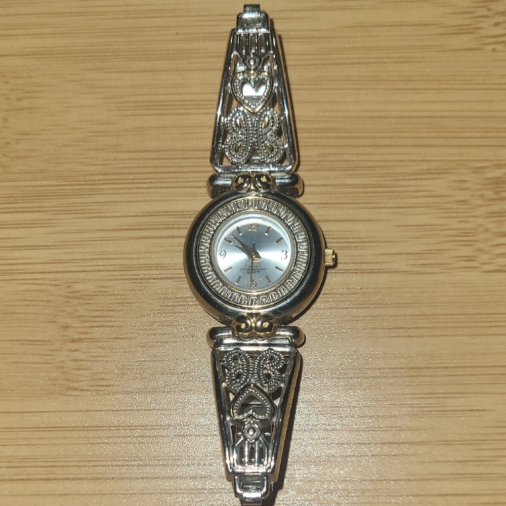 Advance Silver Women's Watch With Hearts And Butterfly Filagree, Silver And Gold